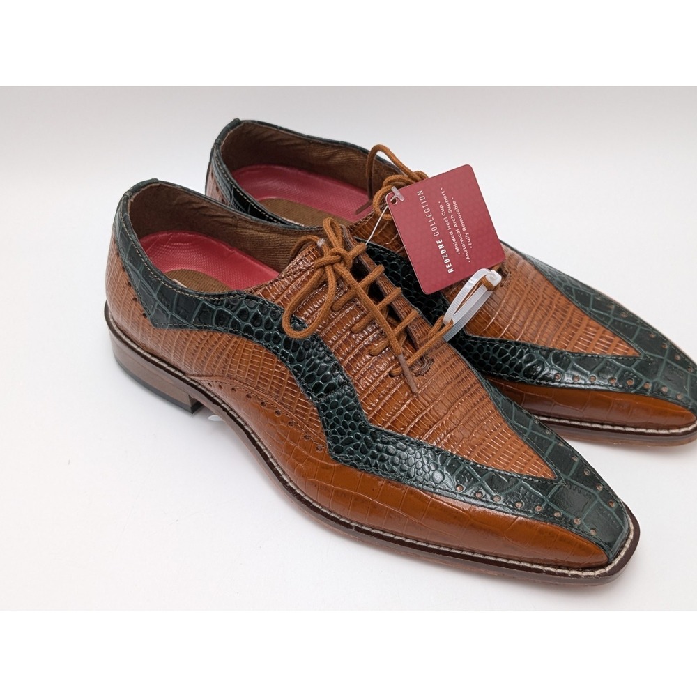 Stacy Adams Tallero Tan Multi Croco Print Leather V-Tip Oxford Men Size 7.5